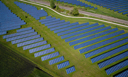 Aerial shot of large solar farm